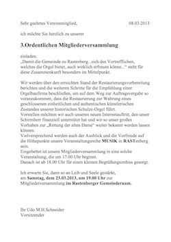Einladung 3. Mitgliederversammlung Orgelfördererein Rastenberg