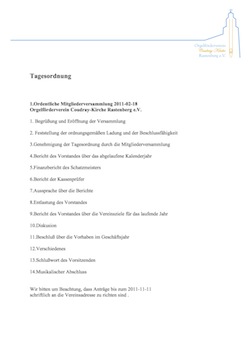 Tagesordnung 1. Ordentliche Mitgliederversammlung Orgelfördererein Rastenberg