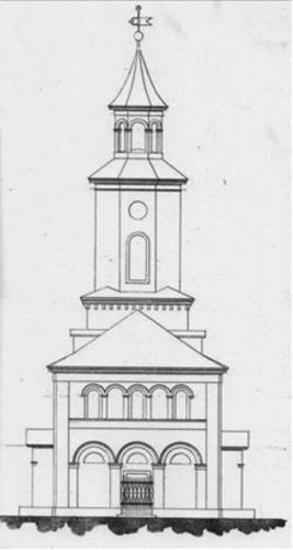 Carl Georg Kirchner, Entwurf zur Kirche in Kleinrudestedt,  Eingangsfassade, 1839, Landeskirchenarchiv Eisenach.